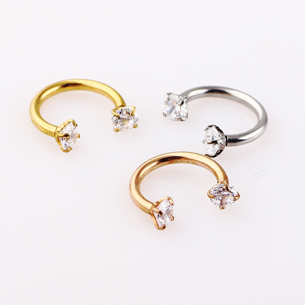 Zircon Diamond Nose Ring Inner Teeth Nose Stud Hollow Hoop 18G 316L Surgical Steel Rose Gold - Image 2