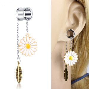 Leaf Pendant Auricle Ear Plug Stainless Steel Hand Ear Gauging Piercing Jewelry 25mm