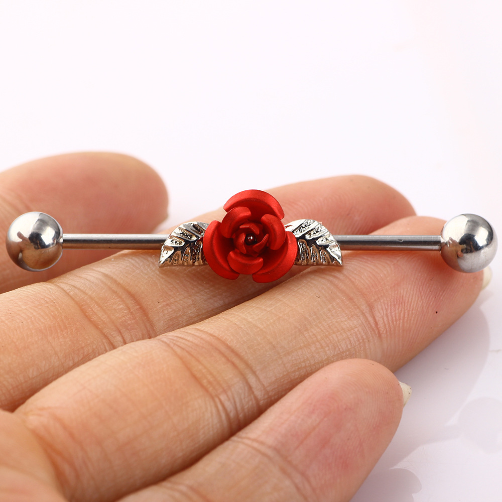 Rose Gold Long Ear Studs Flower Design Cartilage Earring Industrial Barbell Tongue Nail Piercing Jewelry - Image 2