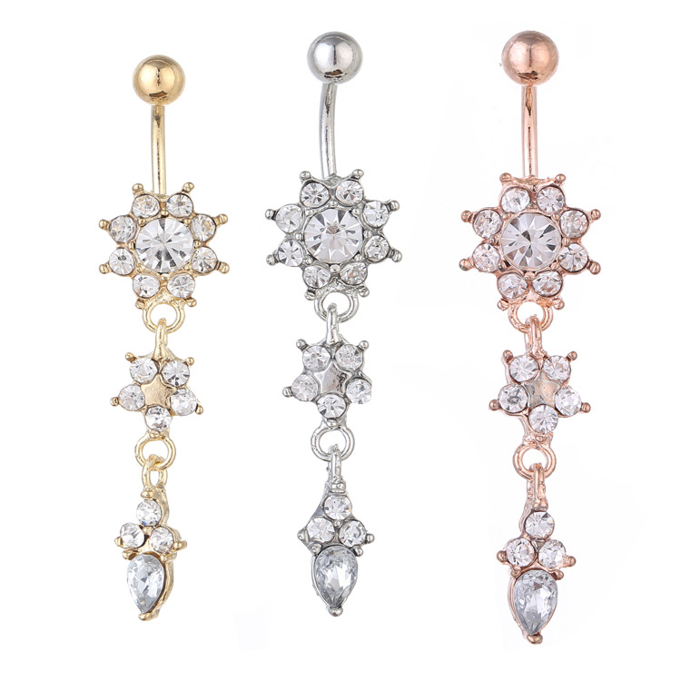 Sunflower Rhinestone Navel Ring Dangle Belly Button Gem Rose Gold Body Piercing Jewelry - Image 3