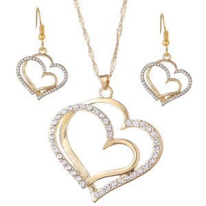 Double Love Heart Earrings Necklace Set Gold Wedding Accessories Alloy Jewelry