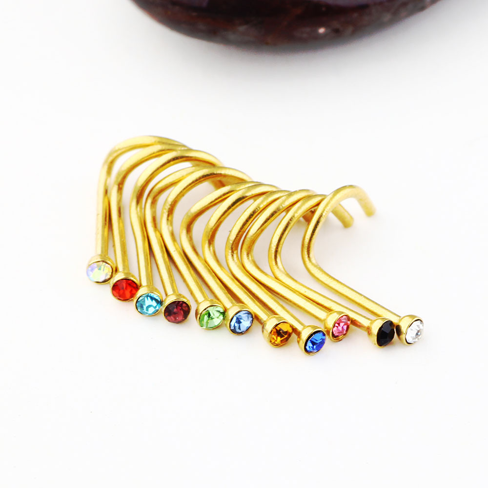 Gold Diamond Curved Nose Stud Nose Ring Ear Studs Piercing Jewelry 316L Surgical Steel - Image 4