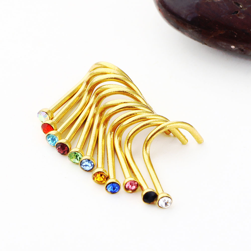 Gold Diamond Curved Nose Stud Nose Ring Ear Studs Piercing Jewelry 316L Surgical Steel - Image 3