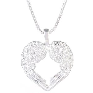 Fashion Angel Wings Heart Pendant Necklace for Women, Silver Alloy Jewelry