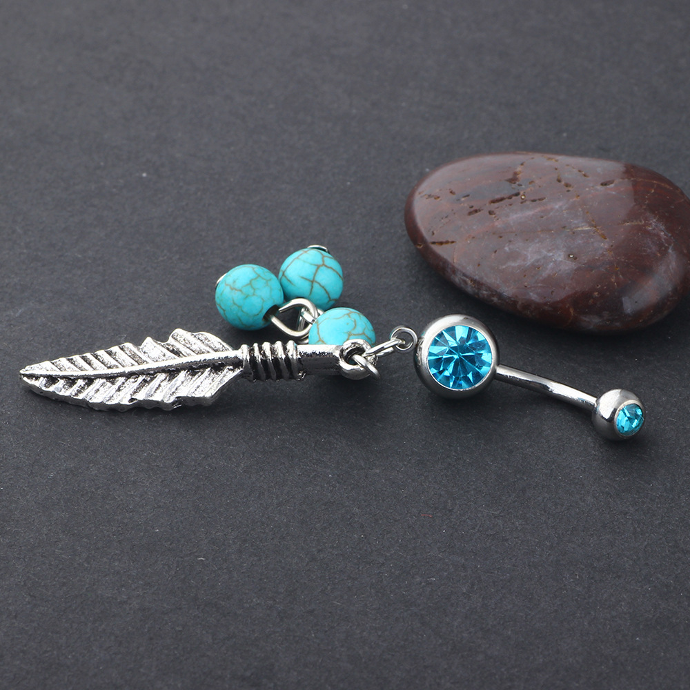 Leaf Turquoise Navel Ring 316L Surgical Steel Belly Button Jewelry Dangle Leaf Shape Blue Stone - Image 2