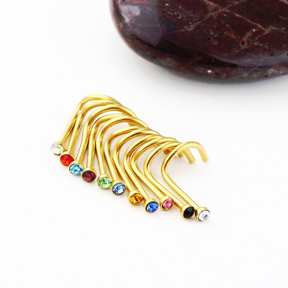 Gold Diamond Curved Nose Stud Nose Ring Ear Studs Piercing Jewelry 316L Surgical Steel - Image 5