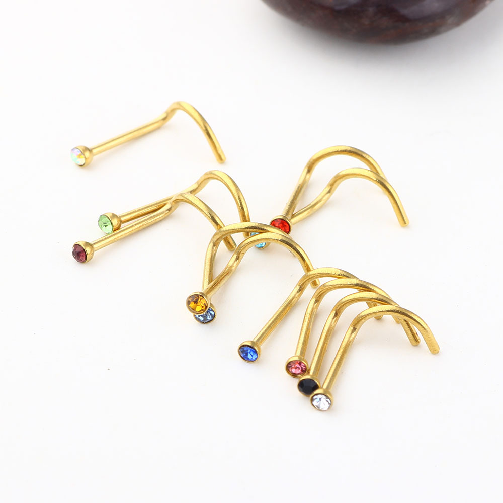 Gold Diamond Curved Nose Stud Nose Ring Ear Studs Piercing Jewelry 316L Surgical Steel - Image 2