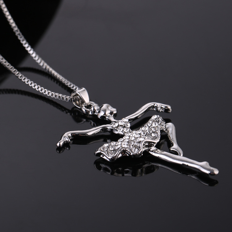 Angel Ballet Girl Pendant Necklace CZ Diamond-Embedded Long Sweater Chain Silver Alloy Jewelry - Image 3