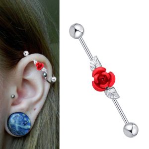 Rose Gold Long Ear Studs Flower Design Cartilage Earring Industrial Barbell Tongue Nail Piercing Jewelry