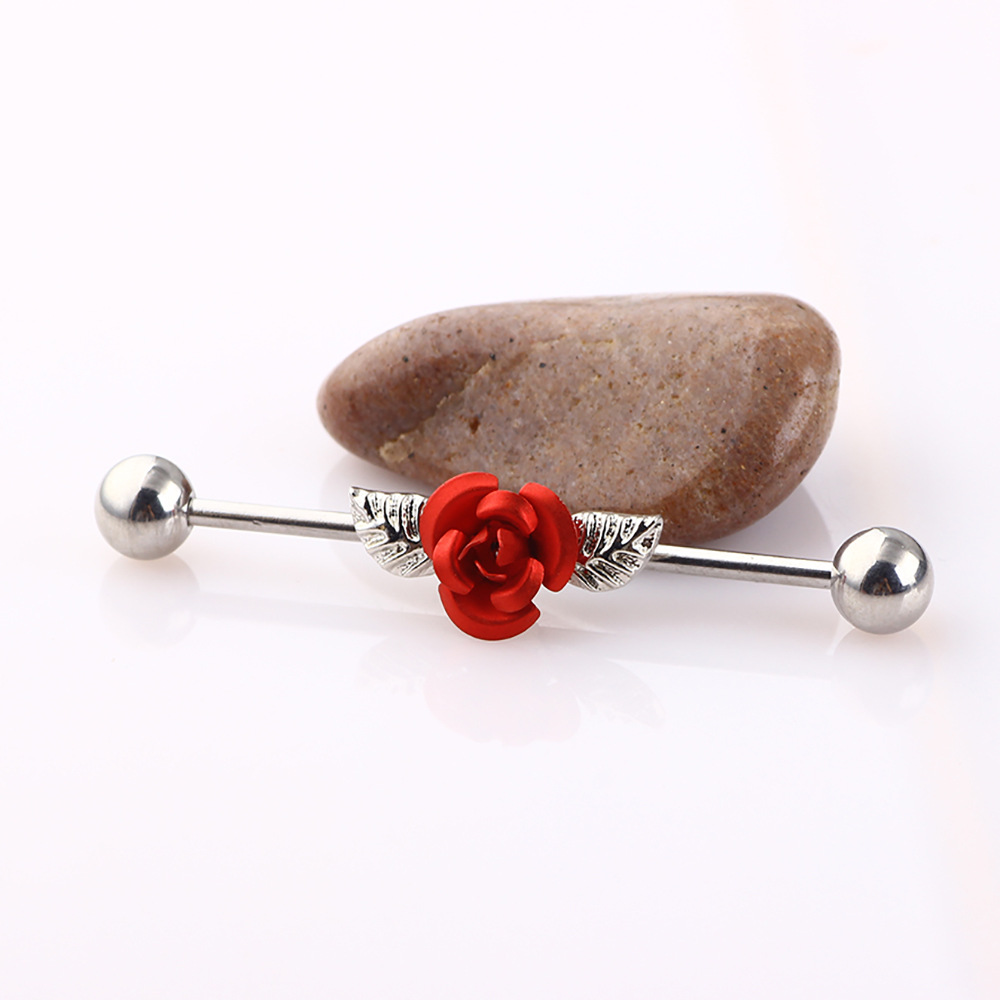 Rose Gold Long Ear Studs Flower Design Cartilage Earring Industrial Barbell Tongue Nail Piercing Jewelry - Image 5