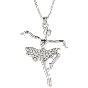 Angel Ballet Girl Pendant Necklace CZ Diamond-Embedded Long Sweater Chain Silver Alloy Jewelry
