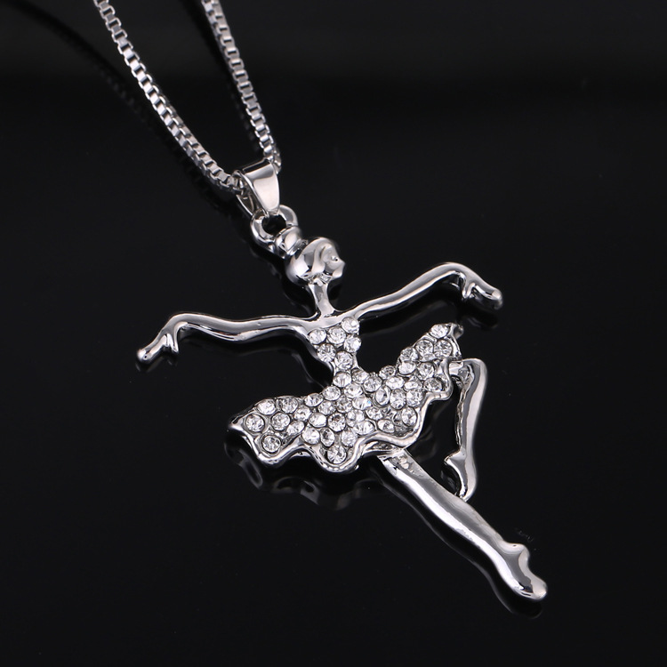 Angel Ballet Girl Pendant Necklace CZ Diamond-Embedded Long Sweater Chain Silver Alloy Jewelry - Image 2