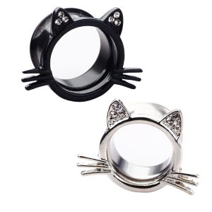 Black 20mm Cute Cat Cartilage Ear Expander Stainless Steel Ear Piercing Jewelry