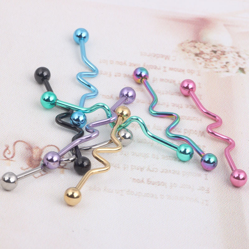 Stainless Steel Spiral Rod Tongue Barbell Set - Wave Shaped Nail - Rose Gold Tone - Image 4