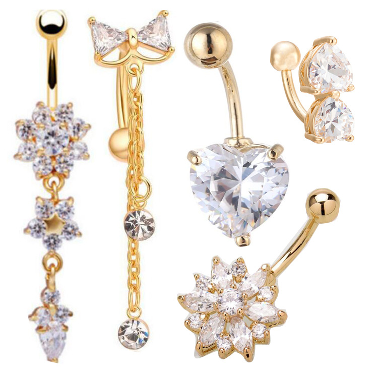 5 Pieces Gold Heart Zircon Navel Ring Set - Diamond-Embedded Belly Button Piercing Jewelry - Image 2