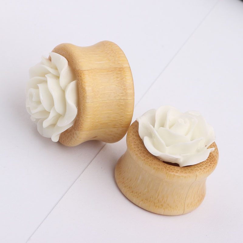 Stainless Steel Auricle Earrings 6 Pcs/Set Acrylic Wood Bamboo Flower Ear Gauges Body Piercing Earrings - Image 4
