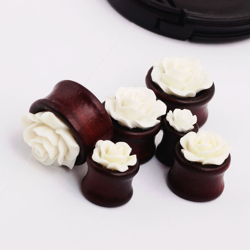 Stainless Steel Auricle Earrings 6 Pcs/Set Acrylic Wood Bamboo Flower Ear Gauges Body Piercing Earrings - Image 2