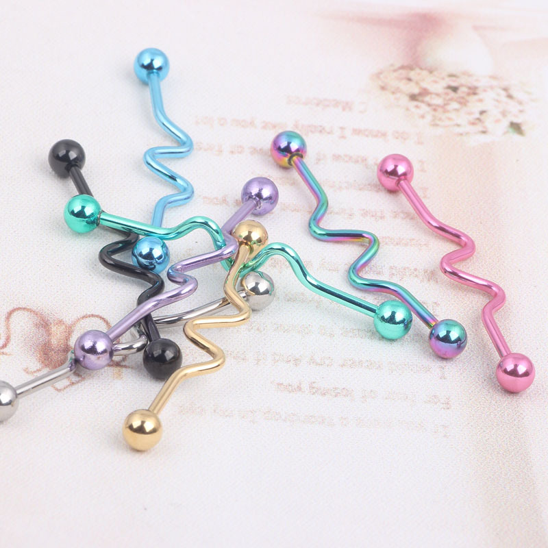 Stainless Steel Spiral Rod Tongue Barbell Set - Wave Shaped Nail - Rose Gold Tone - Image 3