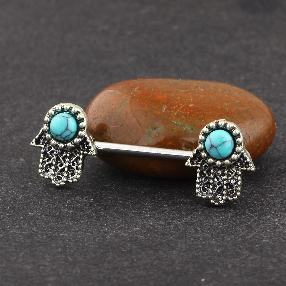 Stainless Steel Buddha Hand Blue Turquoise Palm Nipple Ring – Hot Selling European American Style Body Jewelry - Image 2