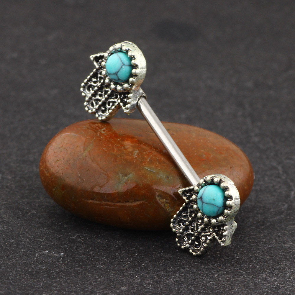 Stainless Steel Buddha Hand Blue Turquoise Palm Nipple Ring – Hot Selling European American Style Body Jewelry - Image 4