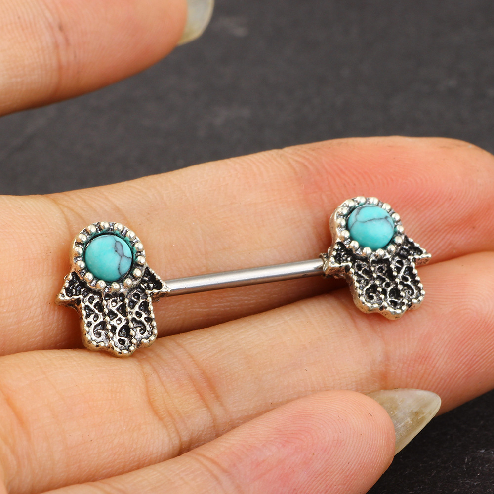 Stainless Steel Buddha Hand Blue Turquoise Palm Nipple Ring – Hot Selling European American Style Body Jewelry - Image 3