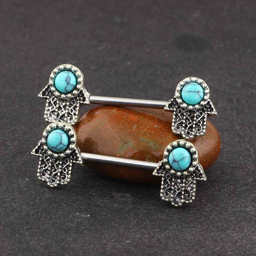 Stainless Steel Buddha Hand Blue Turquoise Palm Nipple Ring – Hot Selling European American Style Body Jewelry - Image 5