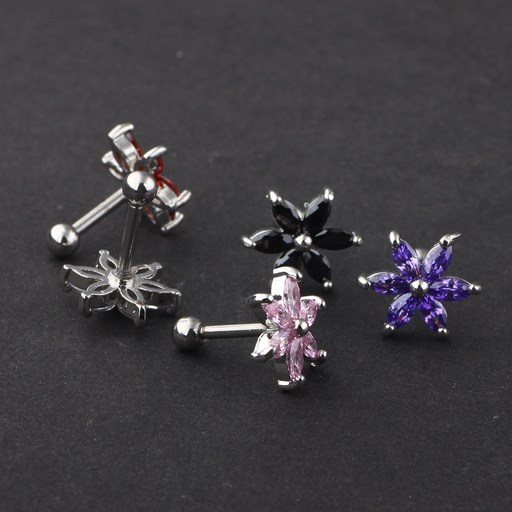 Acrylic Zircon Six-Petal Stud Earring for Cartilage Piercing - 316L Surgical Steel Post - Image 2