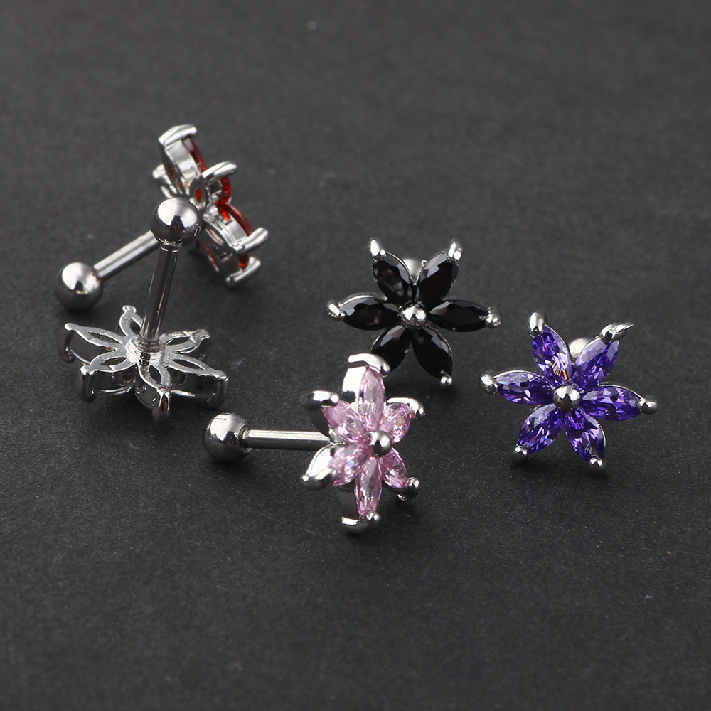 Acrylic Zircon Six-Petal Stud Earring for Cartilage Piercing - 316L Surgical Steel Post - Image 5