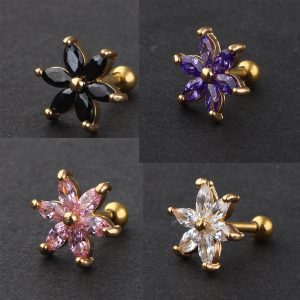 Acrylic Zircon Six-Petal Stud Earring for Cartilage Piercing - 316L Surgical Steel Post