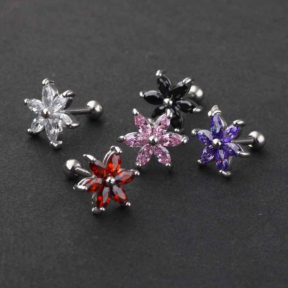 Acrylic Zircon Six-Petal Stud Earring for Cartilage Piercing - 316L Surgical Steel Post - Image 4