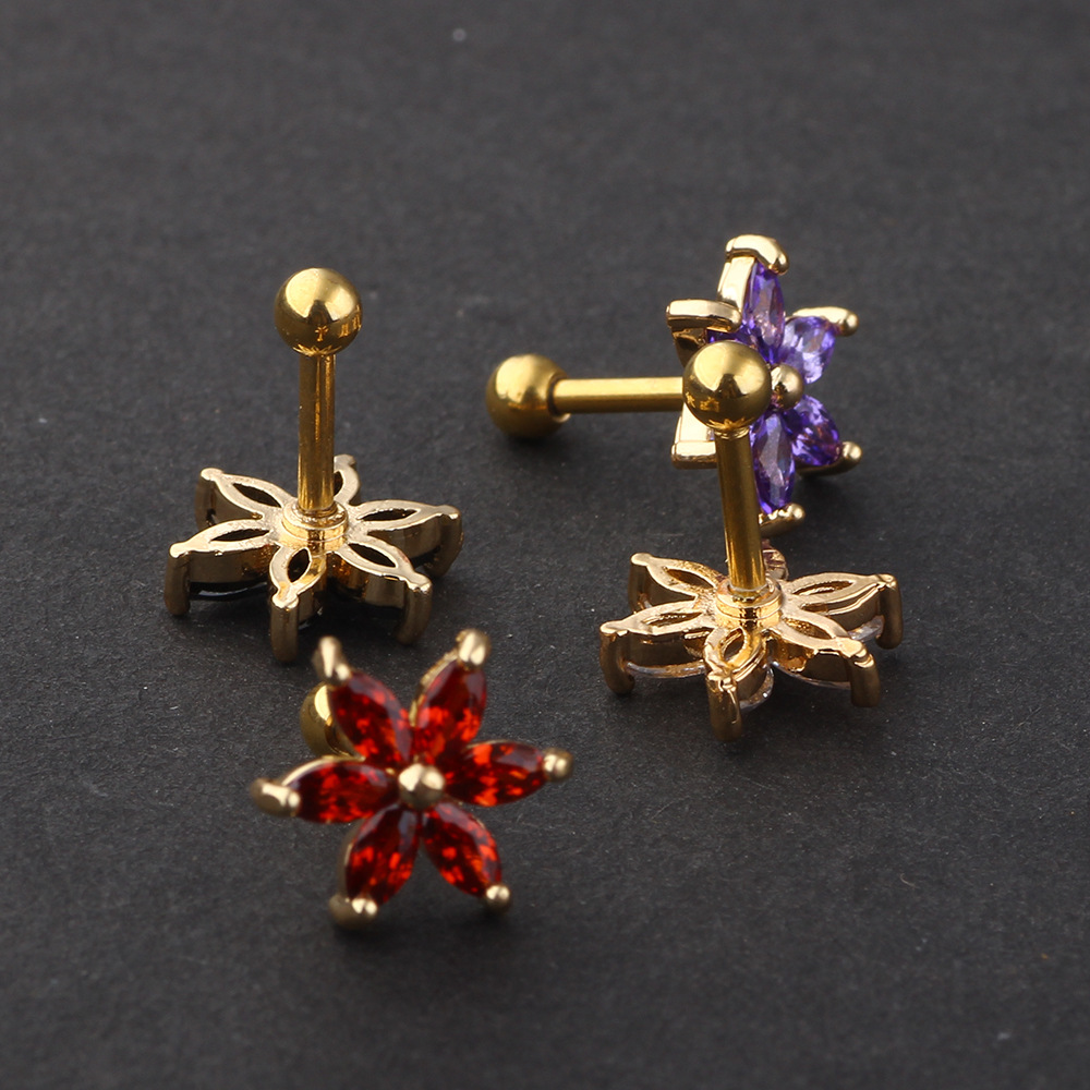 Acrylic Zircon Six-Petal Stud Earring for Cartilage Piercing - 316L Surgical Steel Post - Image 3