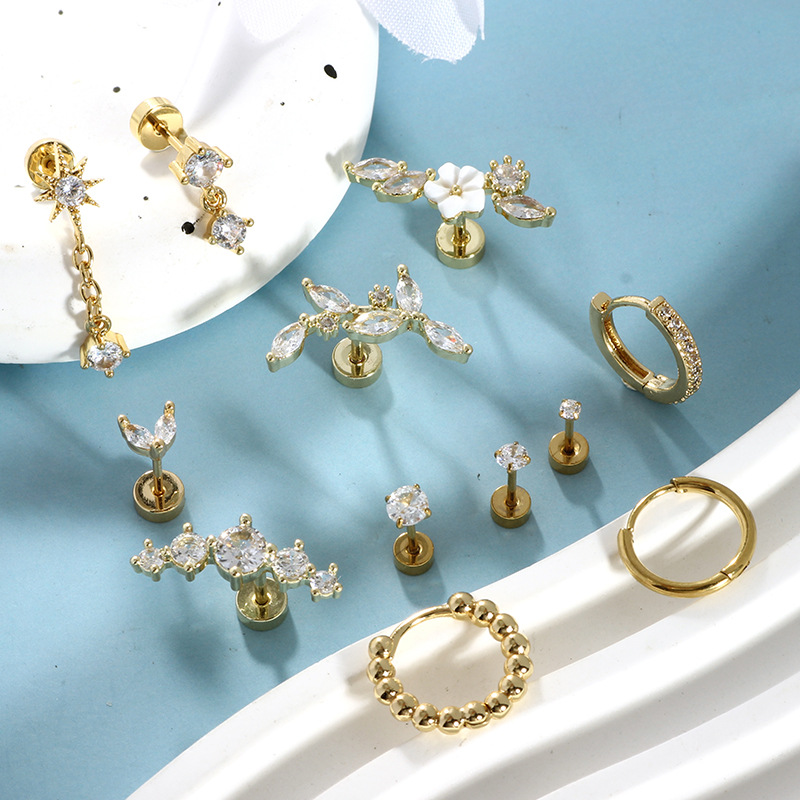 12-Piece Gold Stainless Steel Star Diamond CZ Earring Set - Cartilage Studs & Hoops - Image 3