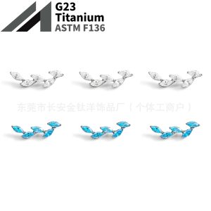 F136 Titanium Leaf-Shaped Ear Studs with Zirconia - Lip Nose Cartilage Studs G23 Alloy Piercing Jewelry