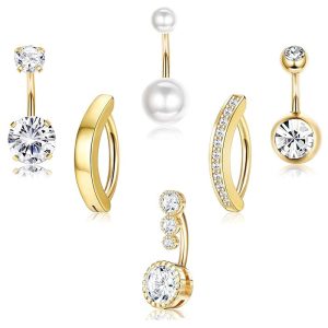 Stainless Steel Belly Button Ring Set - Inlaid Zircon Geometric Navel Ring, European American Style, Body Piercing Jewelry 6-Pack