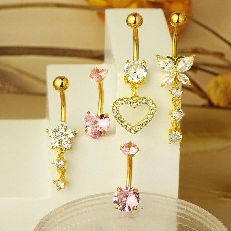 Heart-Shaped 5-Piece Belly Button Ring Set - Stainless Steel Zircon Navel Jewelry for Women - Image 3