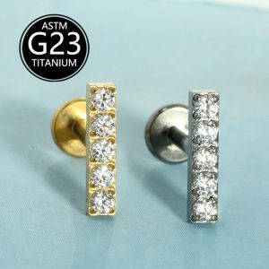 G23 Titanium Inner Tooth Straight Bar Lip Stud Zircon Ear Bone Stud 1.2mm Internal Screw Piercing Jewelry