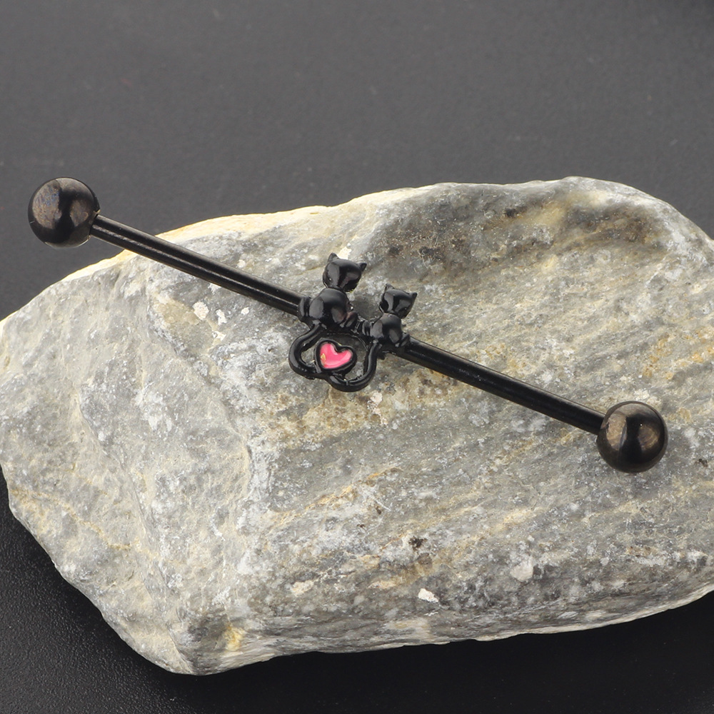 Couple Cat Industrial Barbell Earrings Double Ear Hole Stainless Steel Bridge Ear Studs Ear Bone Ring - Image 4