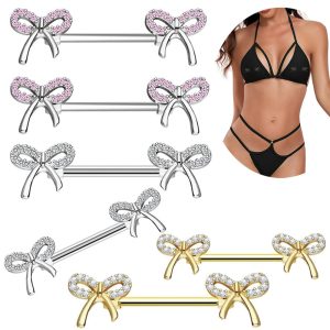Cute Pink 16G Stainless Steel Bow Zircon Nipple Ring Exquisite Nipple Jewelry Pair