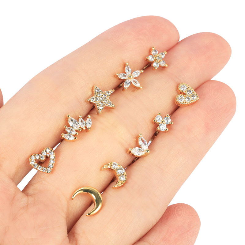 Elegant Stainless Steel Moon Heart-shaped Earrings for Women - Copper Base with Zircon - Fashion Star Ear Nails - Image 2