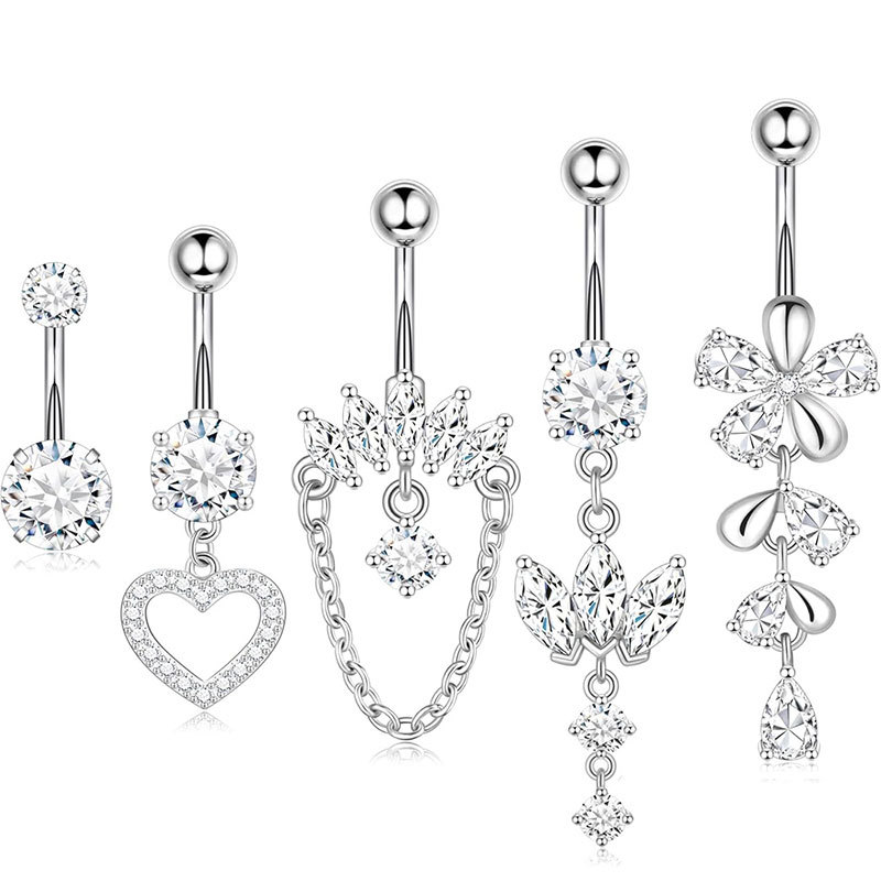 Amazon's Best-Selling 5-Piece Set Stainless Steel Belly Button Rings with Zircon Water Drop and Heart-Shaped Navel Piercing Jewelry in Stock - Image 5