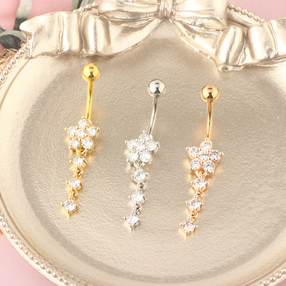 Rose Gold Belly Button Ring Zircon Flower Cartoon Style Body Piercing Jewelry - Image 3