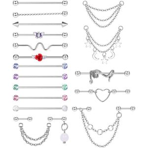 19-Piece Stainless Steel Bridge Stud Earring Set - Long Rod Ear Bone Nails, Industrial Stud Earrings for Piercing