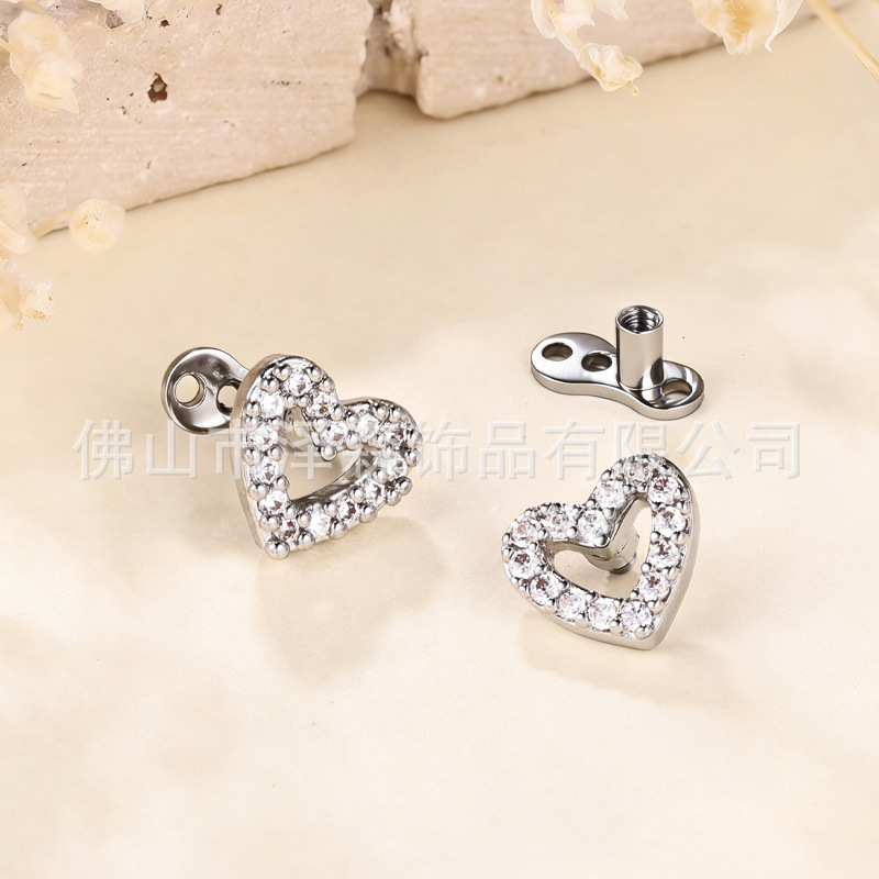 European American Stainless Steel Heart Buried Nail Body Piercing 316L Steel Inlaid Zircon Cartilage Earring - Image 3
