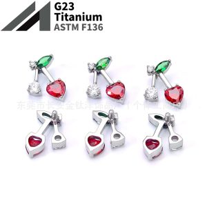 F136 Titanium Cute Cherry Heart Zircon Lip Labret Stud Piercing Jewelry