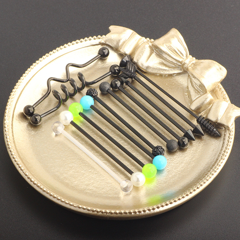 Cross-border Black Leaf Luminous Industrial Barbell Earrings Set Stainless Steel Ear Hole Bypass Earrings - Image 4