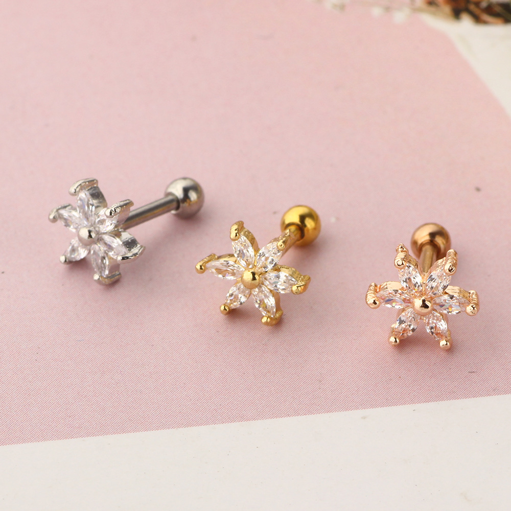 Stainless Steel Threaded Earring Stud with Flower Cartilage Tragus Piercing Jewelry - Image 3