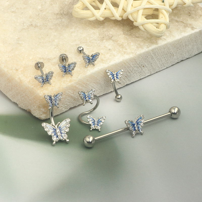 Oil Dripping Butterfly Star Navel Ring Set - 7Pcs Body Piercing Jewelry Stainless Steel - Image 5