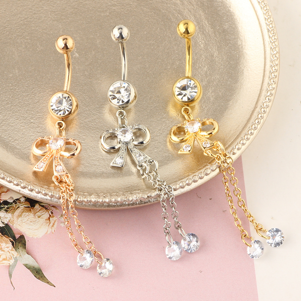 Long Pendant Bow Zircon Navel Ring Stainless Steel Rod Piercing Jewelry Belly Button Ring Rose Gold - Image 3