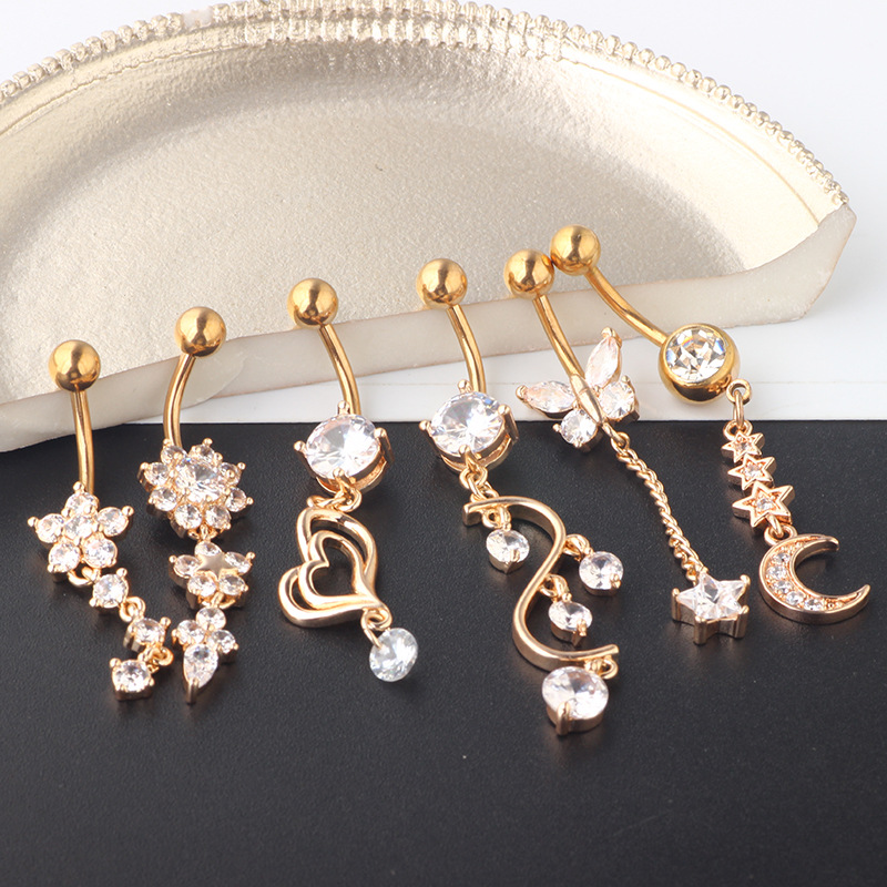 Rose Gold Zircon Belly Button Ring Set - 6 Piece Body Piercing Jewelry Suit - Image 4