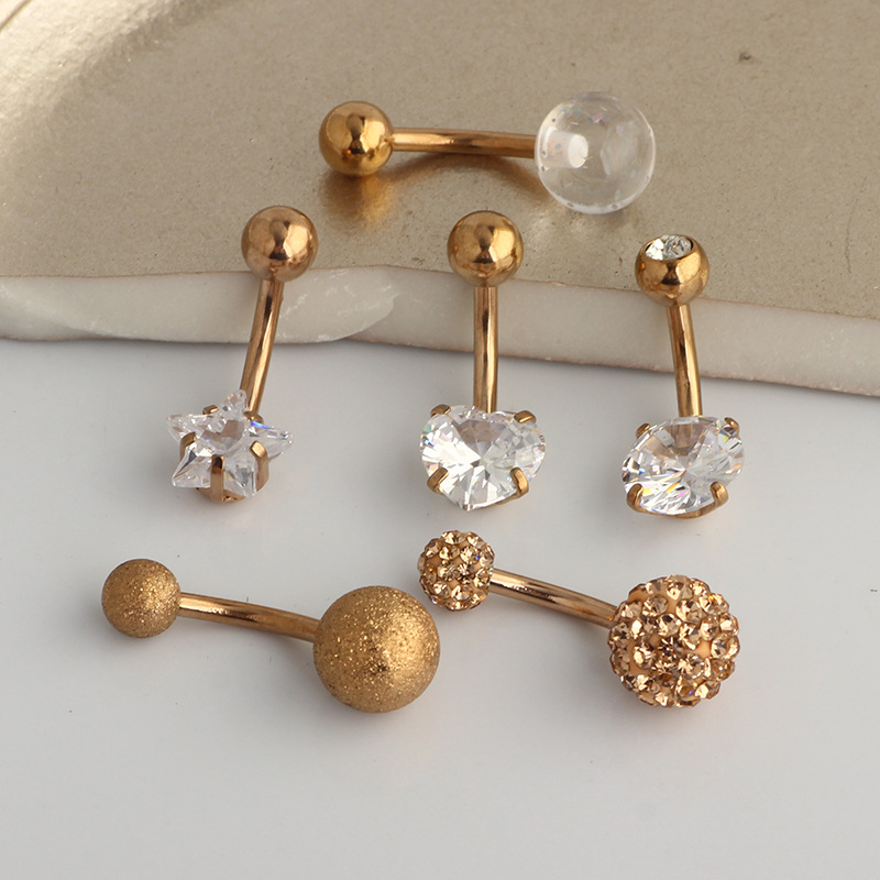 Rose Gold Star Belly Ring Set – 6 Piece Stainless Steel Body Piercing Jewelry - Image 2